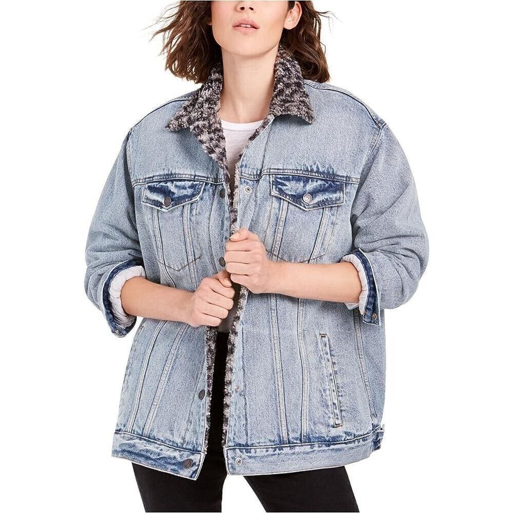 Free People Coat XS Wild One Leopard Sherpa Trucker Denim Jacket Blue Black Gray
